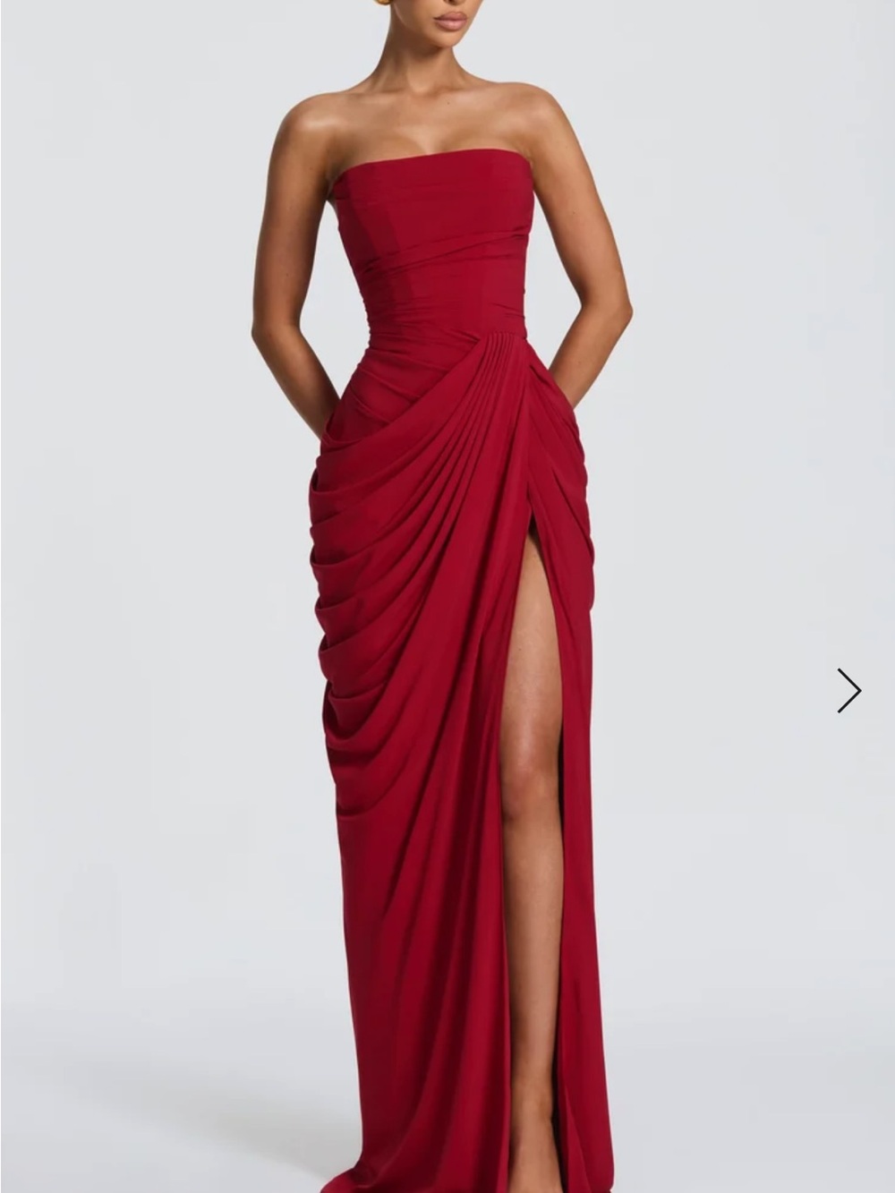 Babyboo Cyra Maxi Dress Deep Red Strapless Draped Evening Gown